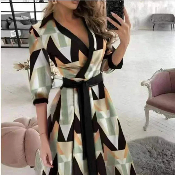 Fashion Long Sleeve V-Neck SHAPED Retro MCM Geometry Printed Wrap Midi Dress - Picture 1 of 7